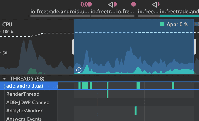 The CPU profiler showing the CPU consumption of the Freetrade app